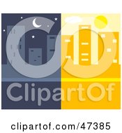 Royalty Free RF Clipart Illustration Of A City Skyline Shown At Night And Day