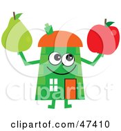 Green Cartoon House Character With An Apple And Pear