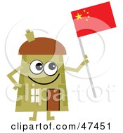 Poster, Art Print Of Green Cartoon House Character Holding A Chinese Flag