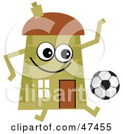 Royalty Free RF Clipart Illustration Of A Green Cartoon House Character Playing SOccer