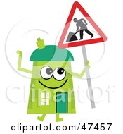 Royalty Free RF Clipart Illustration Of A Green Cartoon House Character With A Road Work Sign by Prawny