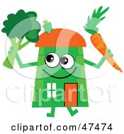 Poster, Art Print Of Green Cartoon House Character With A Carrot And Broccoli
