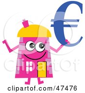 Pink Cartoon House Character Holding A Blue Euro Symbol