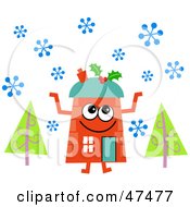 Poster, Art Print Of Orange Cartoon House Character In The Snow