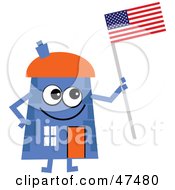 Poster, Art Print Of Blue Cartoon House Character Holding An American Flag