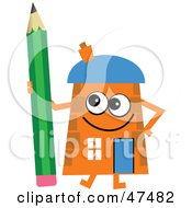 Poster, Art Print Of Orange Cartoon House Character With A Pencil
