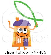 Poster, Art Print Of Orange Cartoon House Character With A Christian Fish
