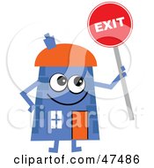 Blue Cartoon House Character Holding An Exit Sign