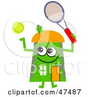 Poster, Art Print Of Green Cartoon House Character Playing Tennis
