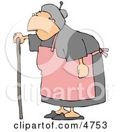 Female Senior Citizen Wearing An Apron And Using A Walking Stick Clipart