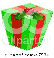 Poster, Art Print Of Christmas Gift Wrapped In Ribbons Holly And Green Paper With Star Patterns