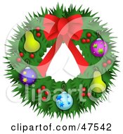 Poster, Art Print Of Green Christmas Wreath Decorated With Ornaments Berries And Bows