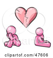 Royalty Free RF Clipart Illustration Of A Pink Design Mascot Man And Woman Under A Broken Heart by Leo Blanchette