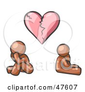 Royalty Free RF Clipart Illustration Of A Brown Design Mascot Man And Woman Under A Broken Heart by Leo Blanchette