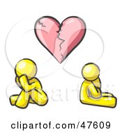 Royalty Free RF Clipart Illustration Of A Yellow Design Mascot Man And Woman Under A Broken Heart by Leo Blanchette
