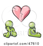 Royalty Free RF Clipart Illustration Of A Green Design Mascot Man And Woman Under A Broken Heart by Leo Blanchette