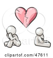 Royalty Free RF Clipart Illustration Of A White Design Mascot Man And Woman Under A Broken Heart by Leo Blanchette