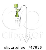 Royalty Free RF Clipart Illustration Of A Green Design Mascot Man Fishing On A Cliff