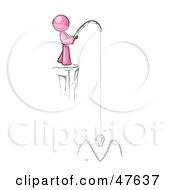 Pink Design Mascot Man Fishing On A Cliff