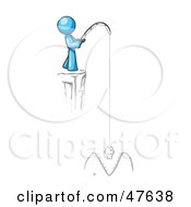 Blue Design Mascot Man Fishing On A Cliff
