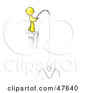 Yellow Design Mascot Man Fishing On A Cliff