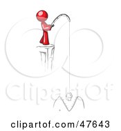 Red Design Mascot Man Fishing On A Cliff