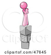 Pink Design Mascot Man Thinking And Standing On Blocks