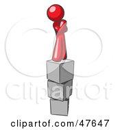Poster, Art Print Of Red Design Mascot Man Thinking And Standing On Blocks