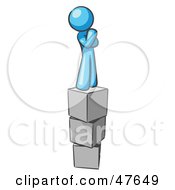 Blue Design Mascot Man Thinking And Standing On Blocks by Leo Blanchette