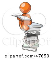 Poster, Art Print Of Orange Design Mascot Man Reading On A Stack Of Books
