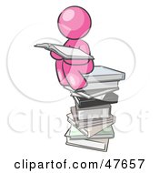 Royalty Free RF Clipart Illustration Of A Pink Design Mascot Man Reading On A Stack Of Books
