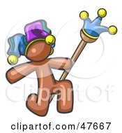 Royalty Free RF Clipart Illustration Of A Brown Design Mascot Man Court Jester Kneeling