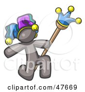 Royalty Free RF Clipart Illustration Of A Gray Design Mascot Man Court Jester Kneeling
