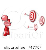 Red Design Mascot Man Throwing Darts At Targets