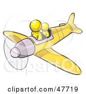 Yellow Design Mascot Man Flying A Plane With A Passenger