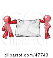 Poster, Art Print Of Red Design Mascot Man And Woman Holding A Blank Banner