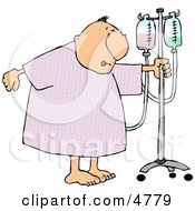 Recovering Elderly Male Patient Walking Around A Hospital With A Portable IV Drip Line Attached To Him Clipart