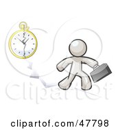 White Design Mascot Man Running Late For Work Over A Crack With A Clock