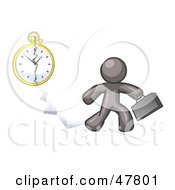 Gray Design Mascot Man Running Late For Work Over A Crack With A Clock
