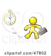Yellow Design Mascot Man Running Late For Work Over A Crack With A Clock
