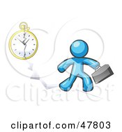 Blue Design Mascot Man Running Late For Work Over A Crack With A Clock