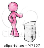 Pink Design Mascot Woman With A Stack Of Paperwork