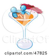 Blue Design Mascot Couple Soaking In A Cocktail Glass With An Umbrella
