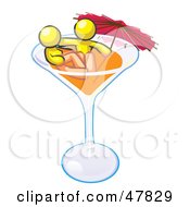 Yellow Design Mascot Couple Soaking In A Cocktail Glass With An Umbrella