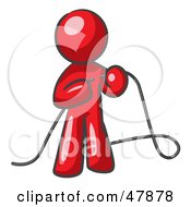 Royalty Free RF Clipart Illustration Of A Red Design Mascot Man Tying Loose Ends Of Cables