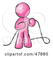 Pink Design Mascot Man Tying Loose Ends Of Cables