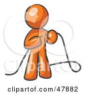 Orange Design Mascot Man Tying Loose Ends Of Cables