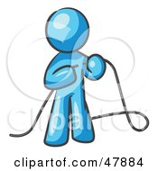 Blue Design Mascot Man Tying Loose Ends Of Cables