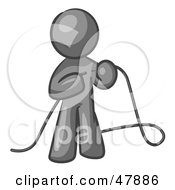 Royalty Free RF Clipart Illustration Of A Gray Design Mascot Man Tying Loose Ends Of Cables