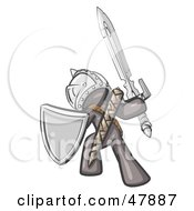 Gray Design Mascot Man Ultimate Warrior With A Sword And Shield